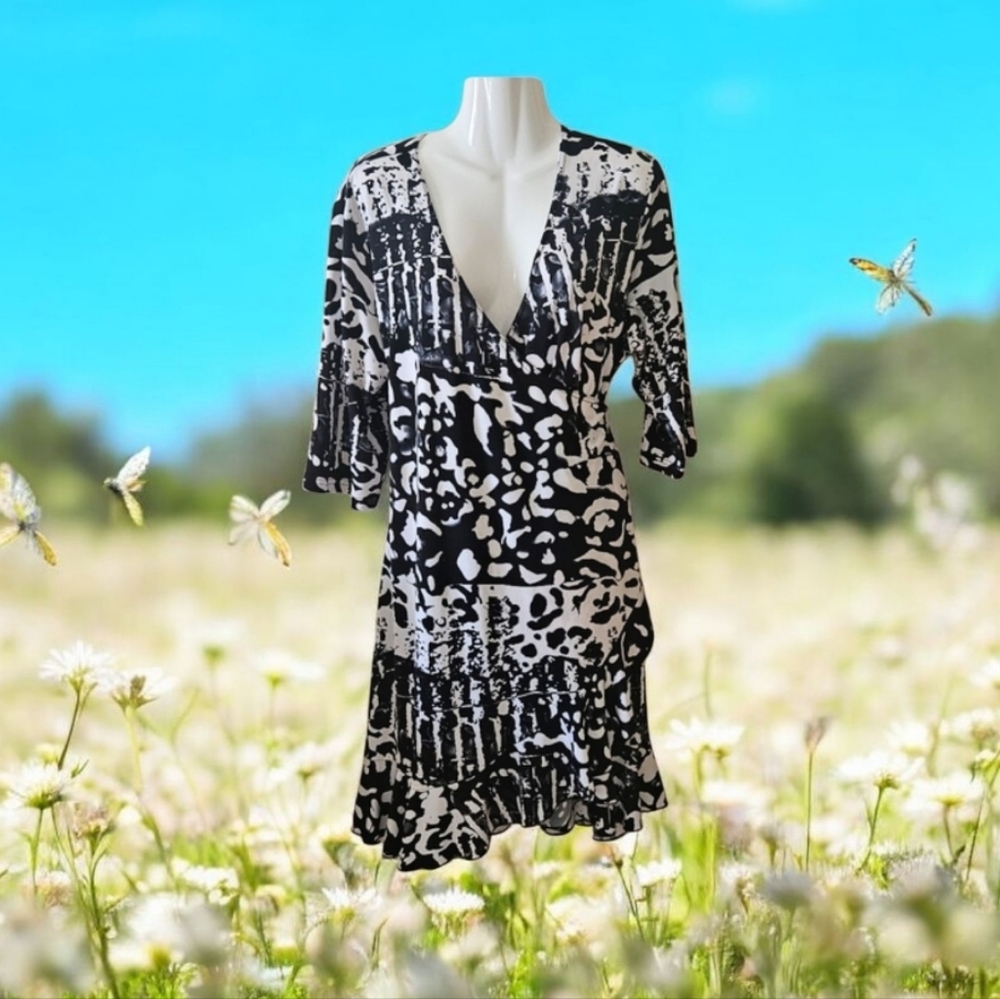 Black and White Patterned Dress By LASANIA. longer One Side Size 16